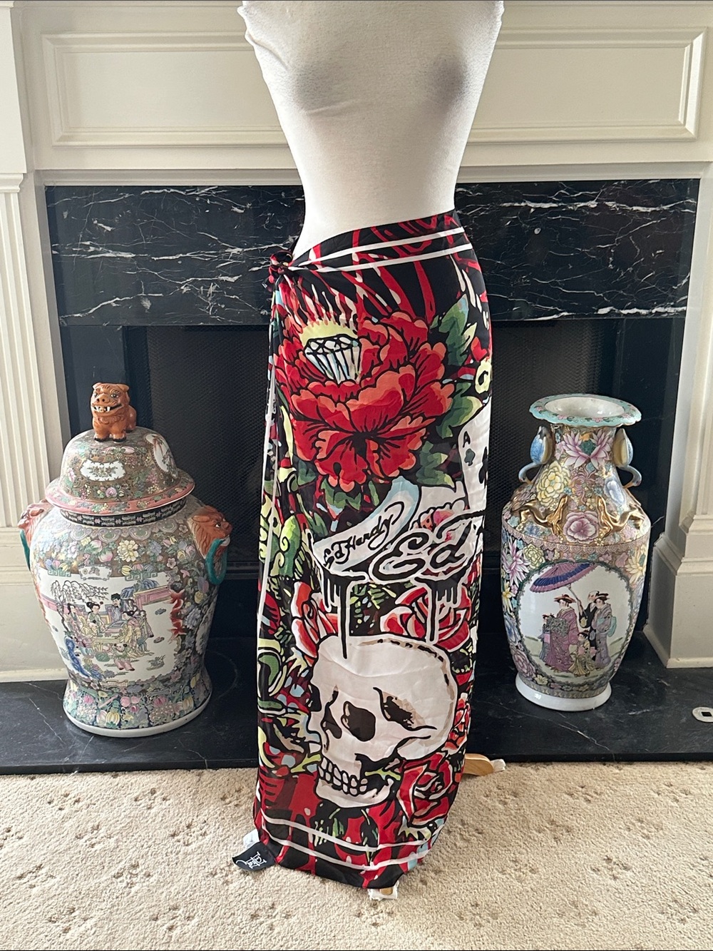 Ed Hardy Red & Black Floral Skull Wrap Maxi Skirt